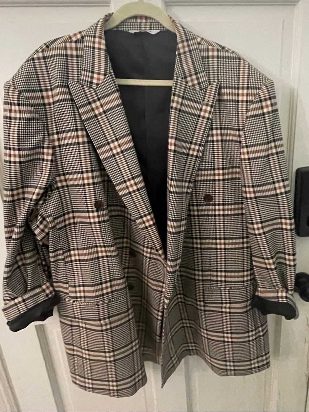 Womens Plaid Double-Breasted Blazer - Black & Cream